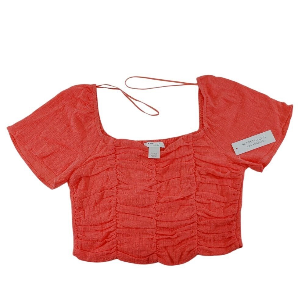 Kirious Coral Orange Ruched Crop Top with Square Neck and Puff Sleeves Size L